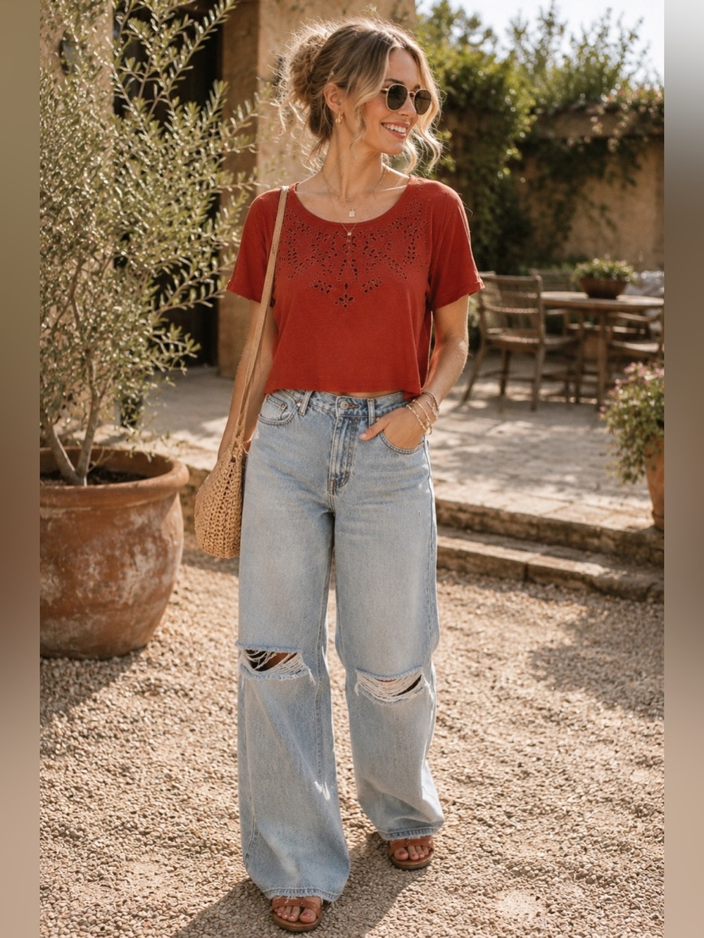The Hanger Women's Size S Rust Coral Eyelet Cutout Crop Top Boho Western Romance